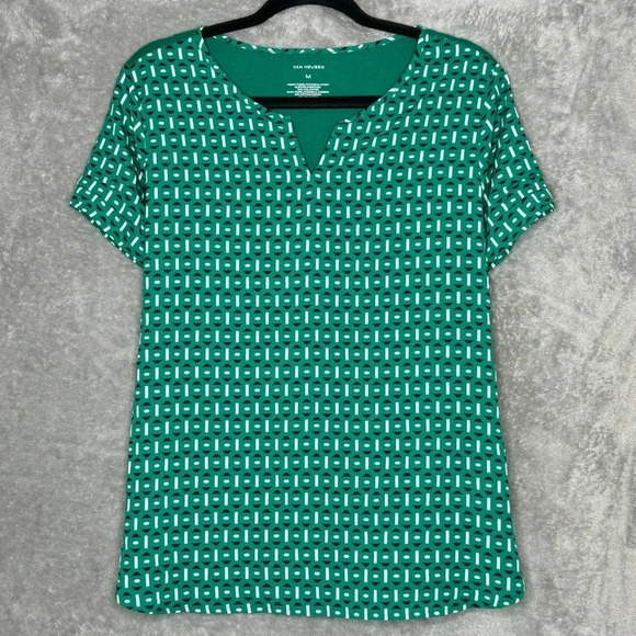 Van Heusen M Medium Shirt Top Green Geometric Short Sleeve Split Scoop Neck - Picture 1 of 7